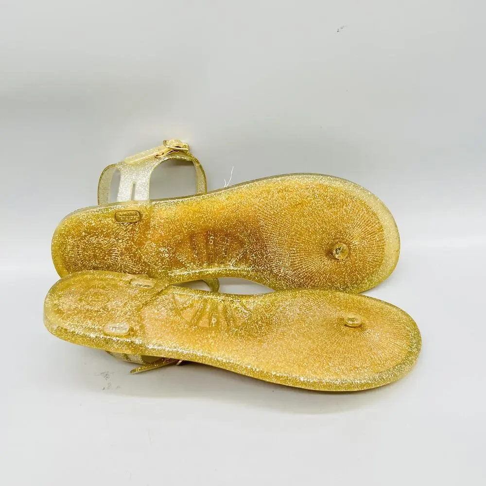 Kate Spade Sandals Womens 9 Gold Plastic Jelly Thong Ankle Strap Flat Shoes